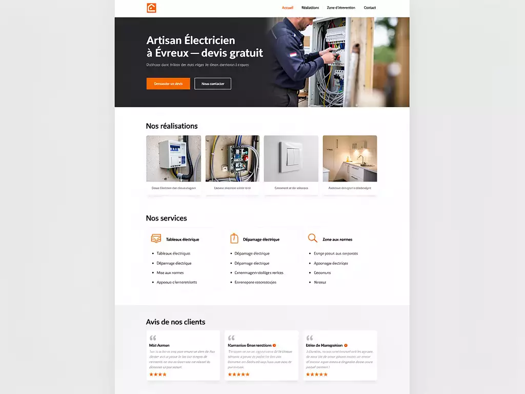 Exemple de site pour un artisan électricien — hero, réalisations, services, devis